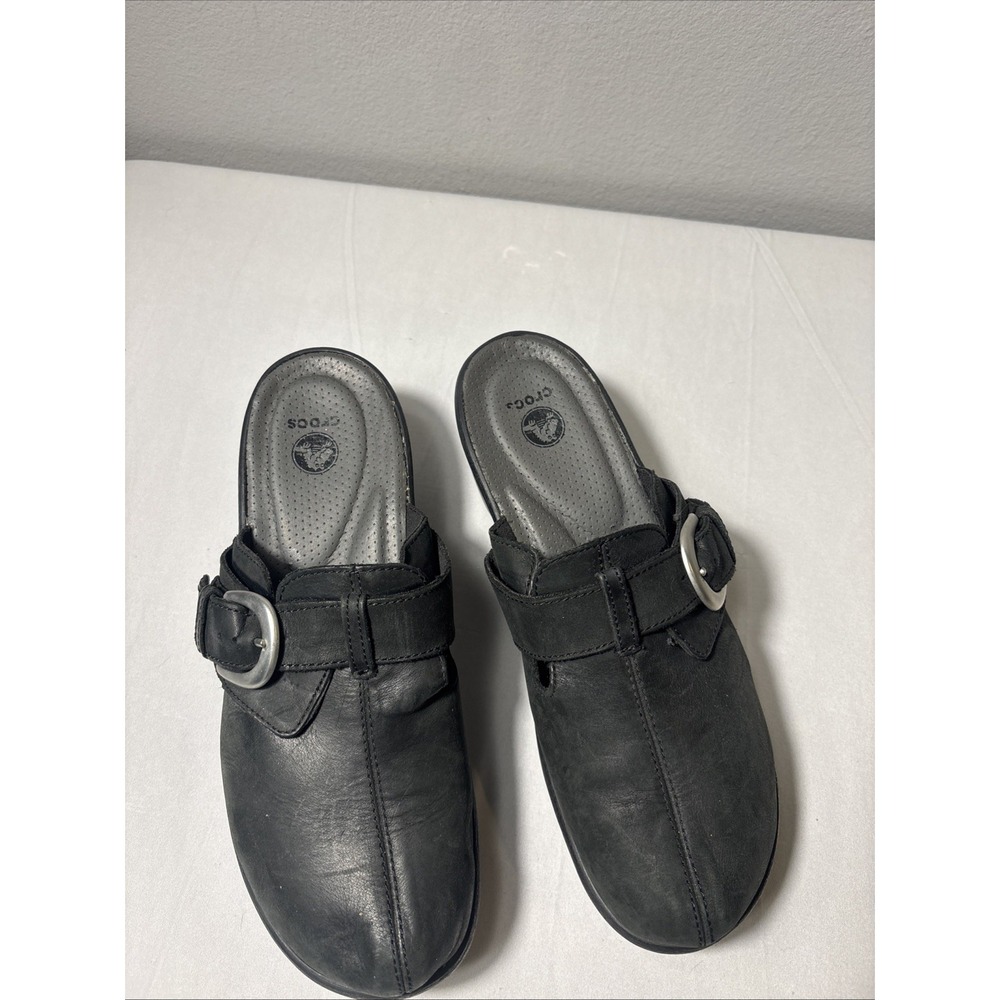 Crocs Black Cobbler Mules Womens Size 10 Buckle Slip On Clogs Leather Shoes